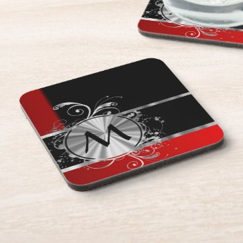 Red Black And Silver Monogram Coaster by monogramgiftz at Zazzle