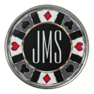 Red, Black and Silver Monogram Poker Design Golf Ball Marker