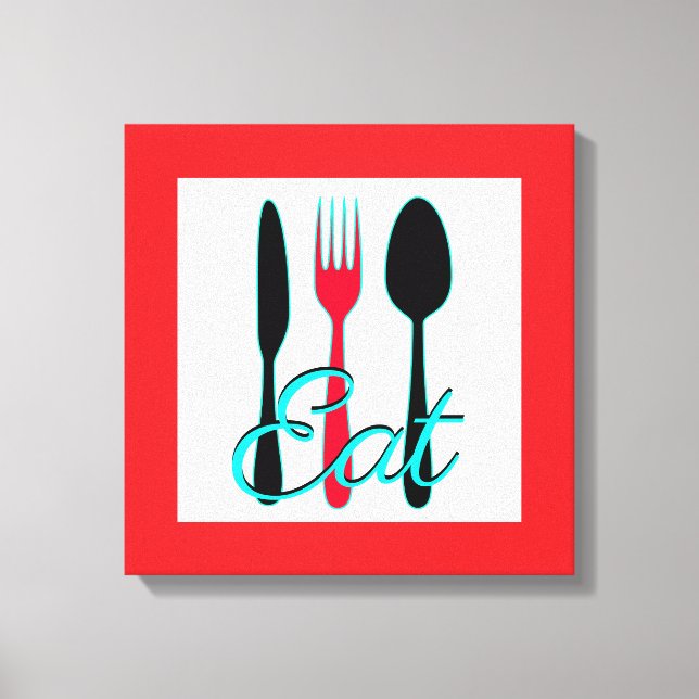 Red, Black and Teal Fork, Knife and Spoon Kitchen Canvas Print (Front)