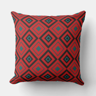 Red, black and turquoise geometric throw pillow