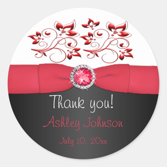 Red, Black, and White 3" Round Thank You Sticker (Front)