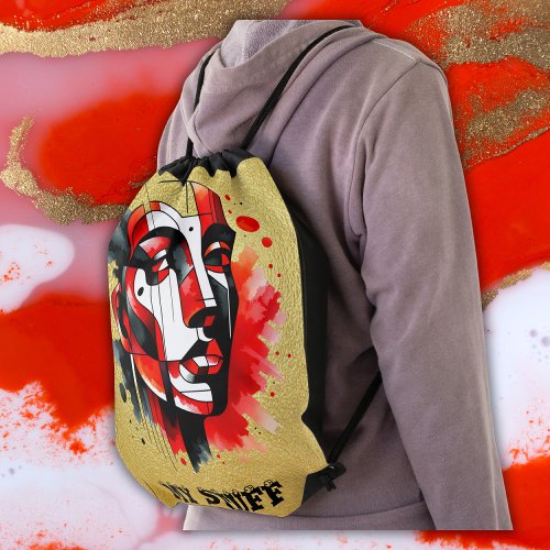 Red black and white Abstract Face on gold  Drawstring Bag