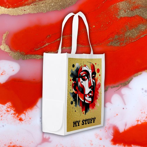 Red black and white Abstract Face on gold  Grocery Bag