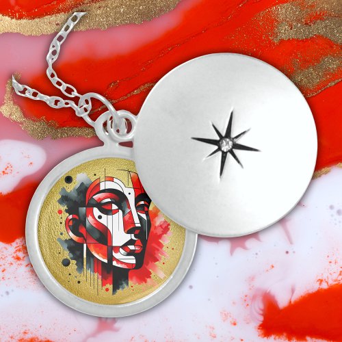 Red black and white Abstract Face on gold  Locket Necklace
