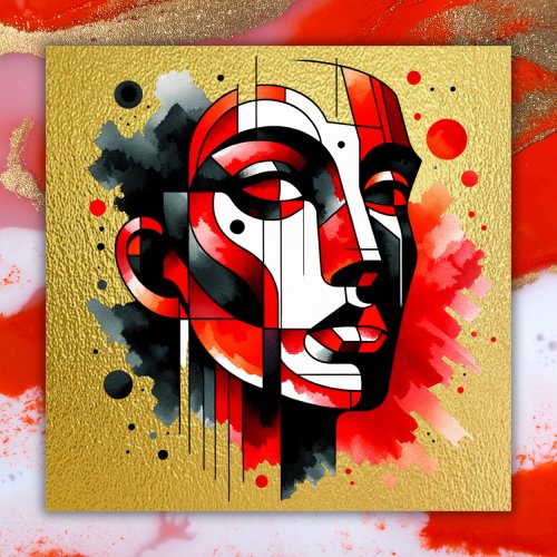 Red black and white Abstract Face on gold  Poster