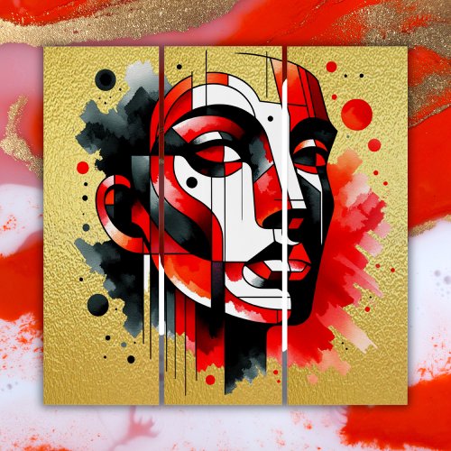 Red black and white Abstract Face on gold  Triptych