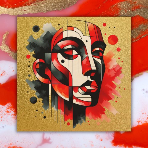 Red black and white Abstract Face on gold  Wood Wall Art