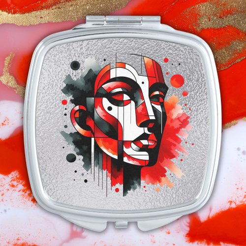 Red black and white Abstract Face on silver  Compact Mirror