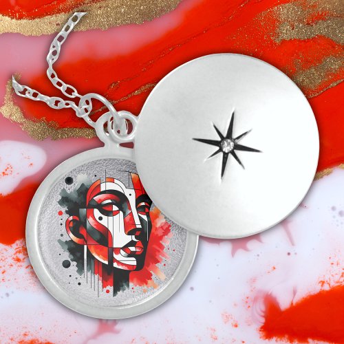 Red black and white Abstract Face on silver  Locket Necklace