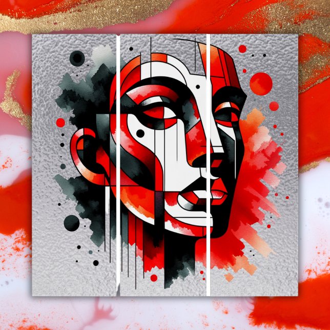 Red, black and white Abstract Face on silver | Triptych (Creator Uploaded)
