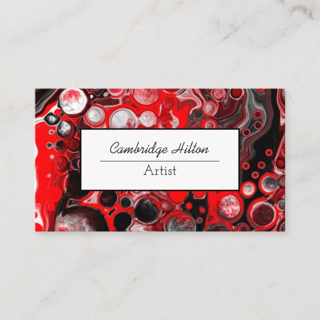 Red, Black and White Abstract Fluid Art   Business Card (Front)