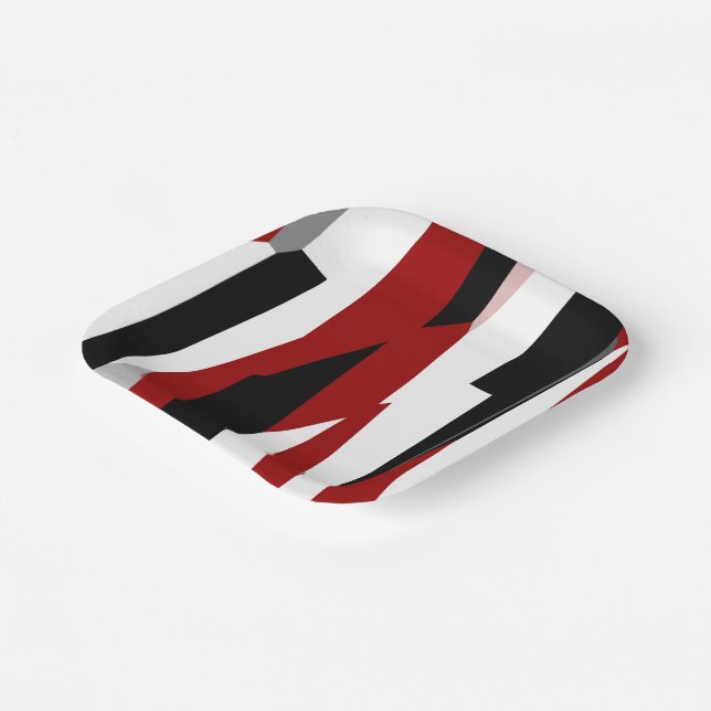 Red black and white abstract  paper plates (Angled)