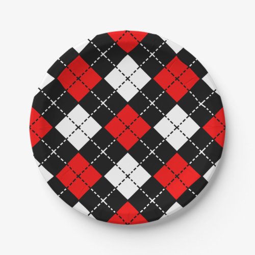 Red Black and White Argyle Pattern Paper Plates