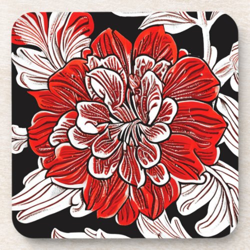 Red Black and White Art Nouveau Flower  Beverage Coaster
