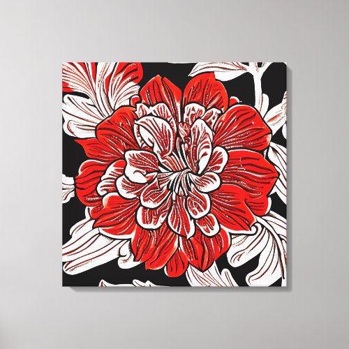 Red Black and White Art Nouveau Flower  Canvas Print