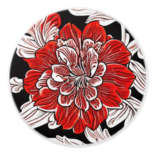 Red Black and White Art Nouveau Flower  Ceramic Knob