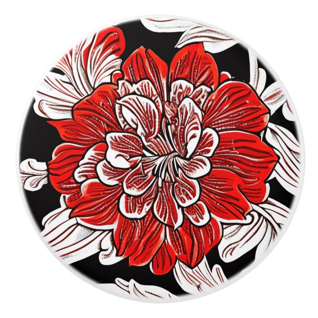 Red Black and White Art Nouveau Flower  Ceramic Knob (Front)