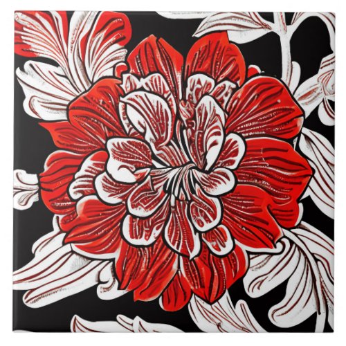 Red Black and White Art Nouveau Flower  Ceramic Tile