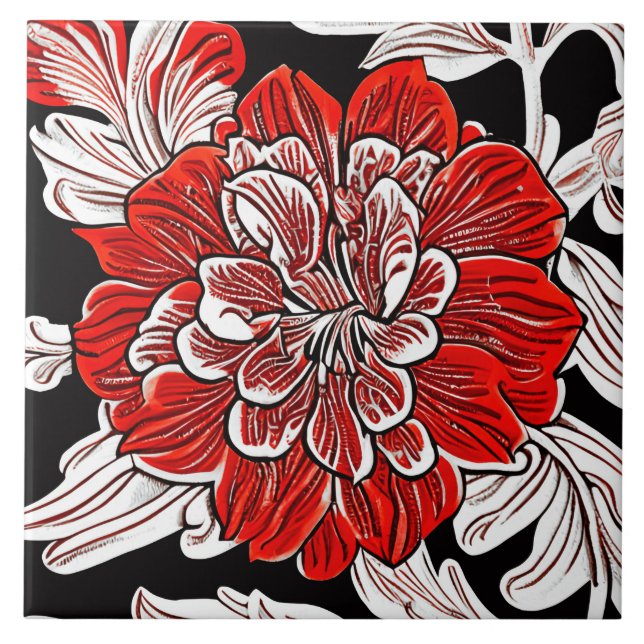 Red Black and White Art Nouveau Flower  Ceramic Tile (Front)