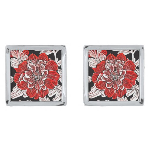 Red Black and White Art Nouveau Flower  Cufflinks