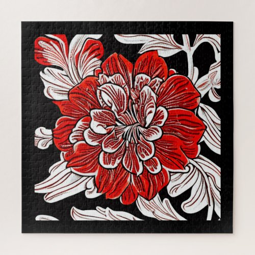 Red Black and White Art Nouveau Flower  Jigsaw Puzzle