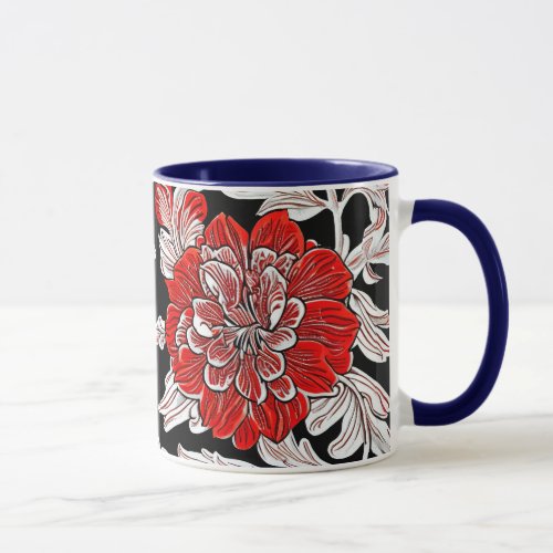 Red Black and White Art Nouveau Flower  Mug