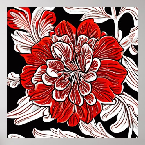 Red Black and White Art Nouveau Flower  Poster