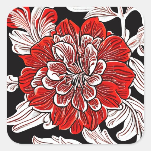 Red Black and White Art Nouveau Flower Square Sticker