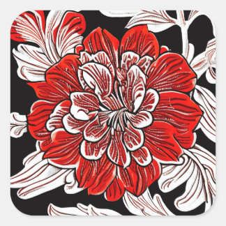 Red Black and White Art Nouveau Flower Square Sticker