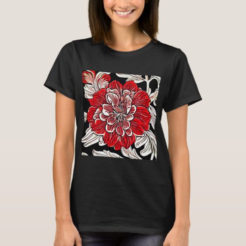 Red Black and White Art Nouveau Flower T_Shirt
