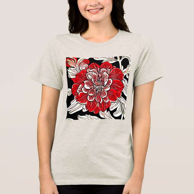 Red Black and White Art Nouveau Flower Tri-Blend Shirt (Front)