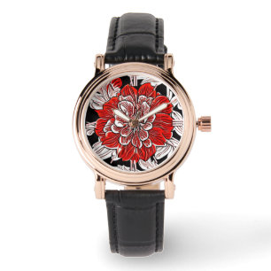Red Black and White Art Nouveau Flower Watch