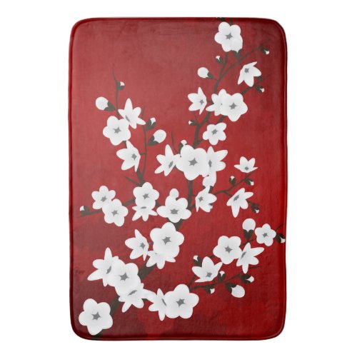 Red Black And White Cherry Blossom Bath Mat