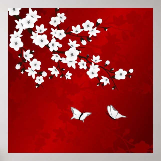 Red Black And White Cherry Blossom Poster (Front)