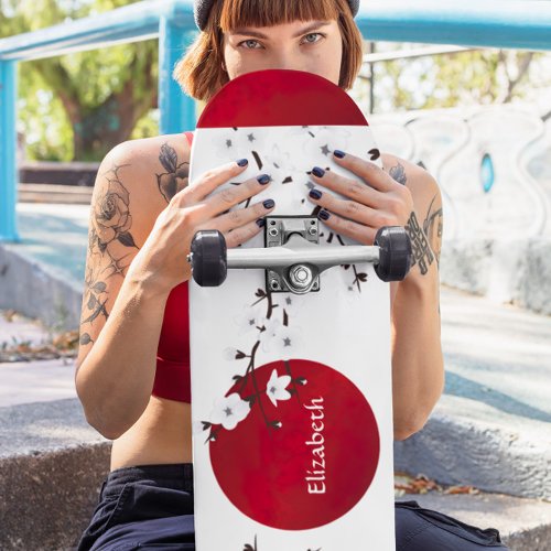 Red Black And White Cherry Blossom Rising Sun Name Skateboard