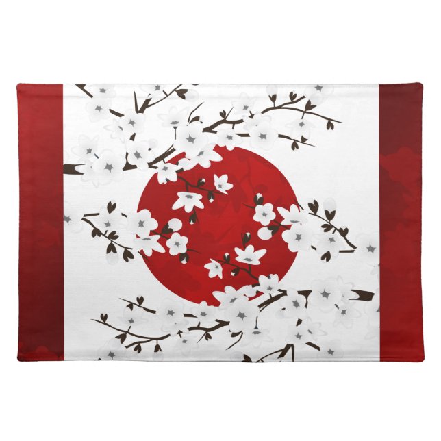 Red Black And White Cherry Blossoms Cloth Placemat (Front)