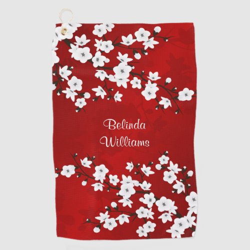 Red Black and White Cherry Blossoms Golf Towel