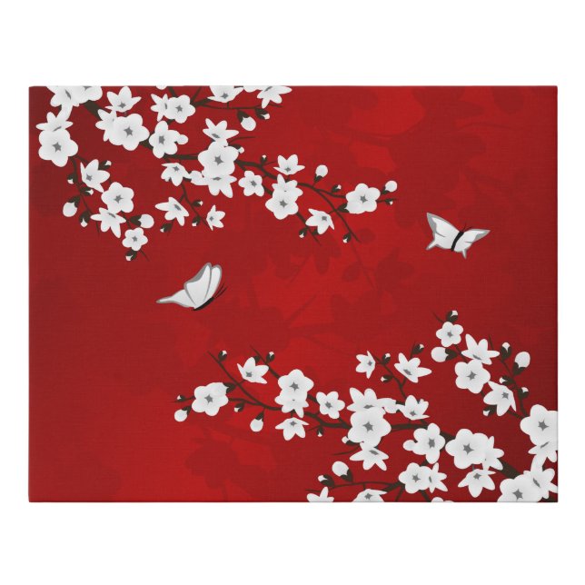 Red Black And White Cherry Blossoms Large Clock Faux Canvas Print (Front)
