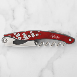 Red Black And White Cherry Blossoms Monogram Waite Waiter's Corkscrew
