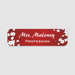 Red Black and White Cherry Blossoms Name Tag
