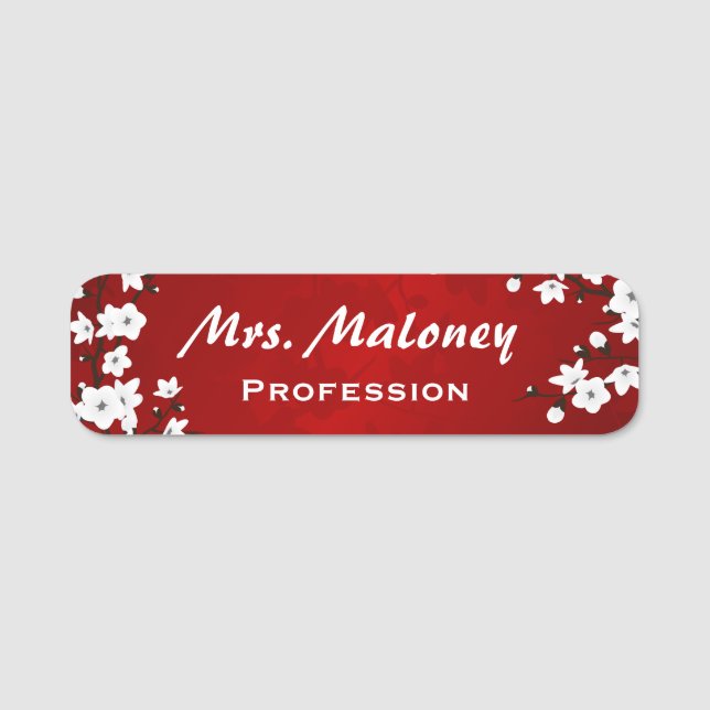 Red Black and White Cherry Blossoms Name Tag (Front)