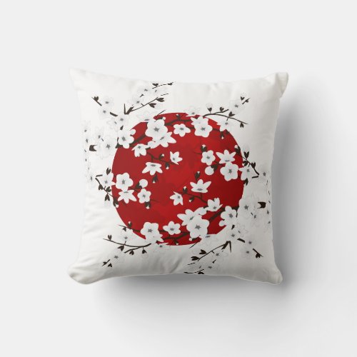 Red Black And White Cherry Blossoms Rising Sun Throw Pillow