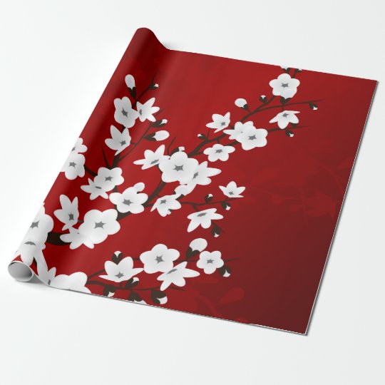 Red Black And White Cherry Blossoms Wrapping Paper