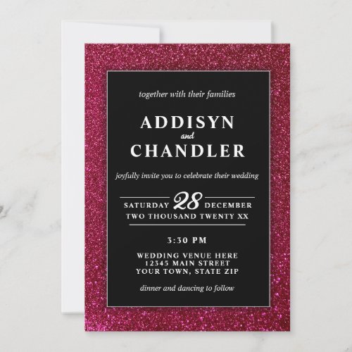 Red Black and White Chic Modern Wedding Glitter Invitation