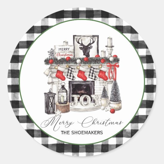 Red Black and White Christmas Fireplace Stockings Classic Round Sticker