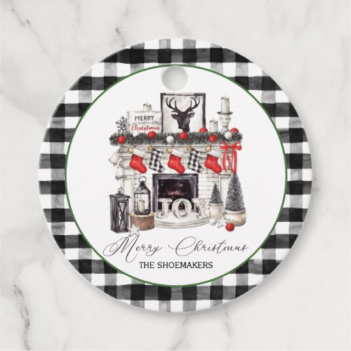 Red Black and White Christmas Fireplace Stockings  Favor Tags