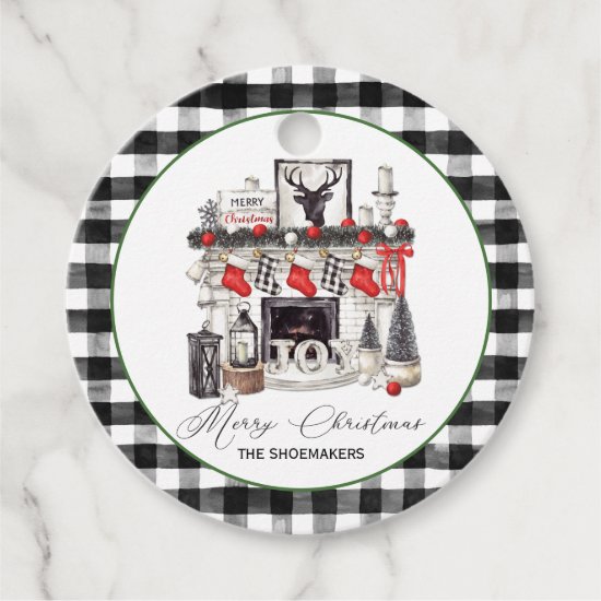 Red Black and White Christmas Fireplace Stockings  Favor Tags