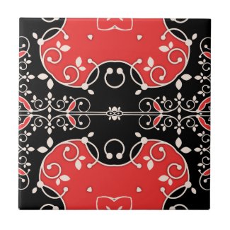 Red Black and White Classic Elegant Leafy Ornate Ceramic Tile