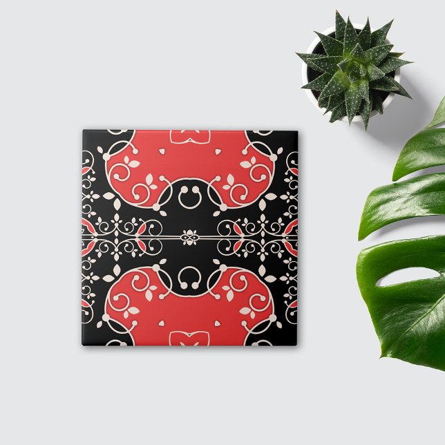 Red Black and White Classic Elegant Leafy Ornate Ceramic Tile (Creator Uploaded)