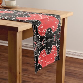 Red Black and White Classic Elegant Leafy Ornate Short Table Runner